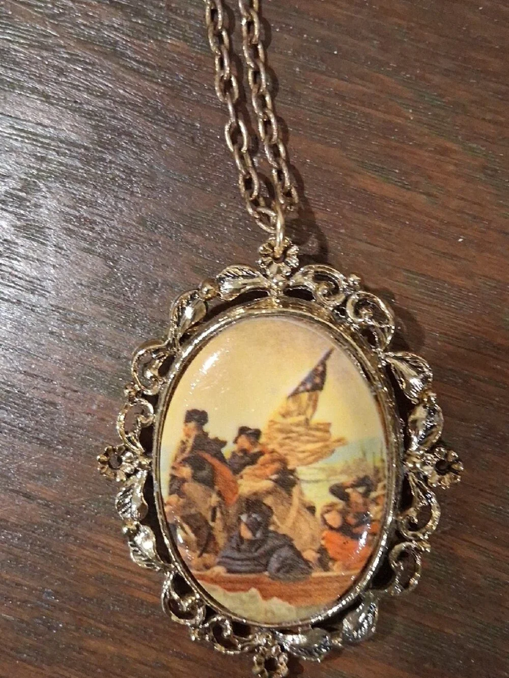 Gold-Tone Oval Historical Print Pendant Necklace / Brooch Cameo